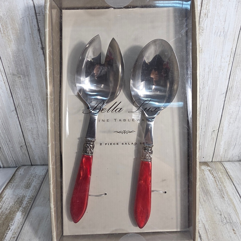 Bella Lux Fine Tableware 2 Piece Salad Set Cameo Red Marbled Handles New